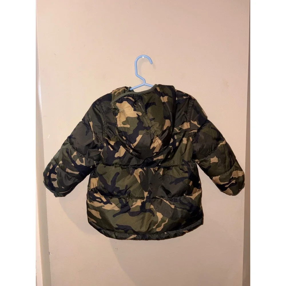 Old Navy Kids Camo Hooded Puffer Jacket Green Tan Fleece Lined 18-24M